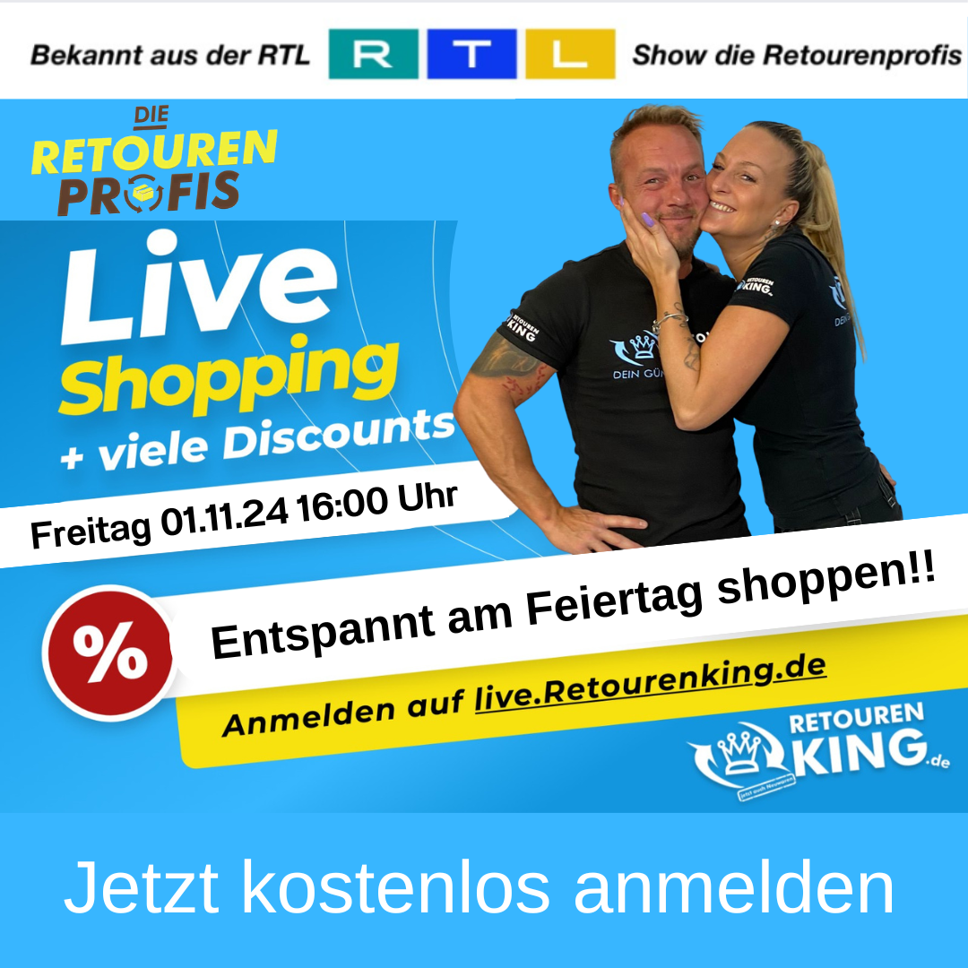 Früheres Ankündigungsbild einer Live-Shopping-Sendung von Retourenking (Termin vergangen)